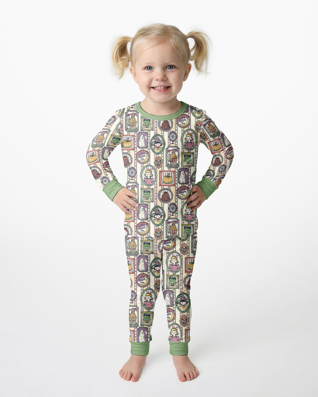 Vintage Halloween Ghost Pumpkin Portraits Bamboo Two Piece Long Sleeve Pajama Set