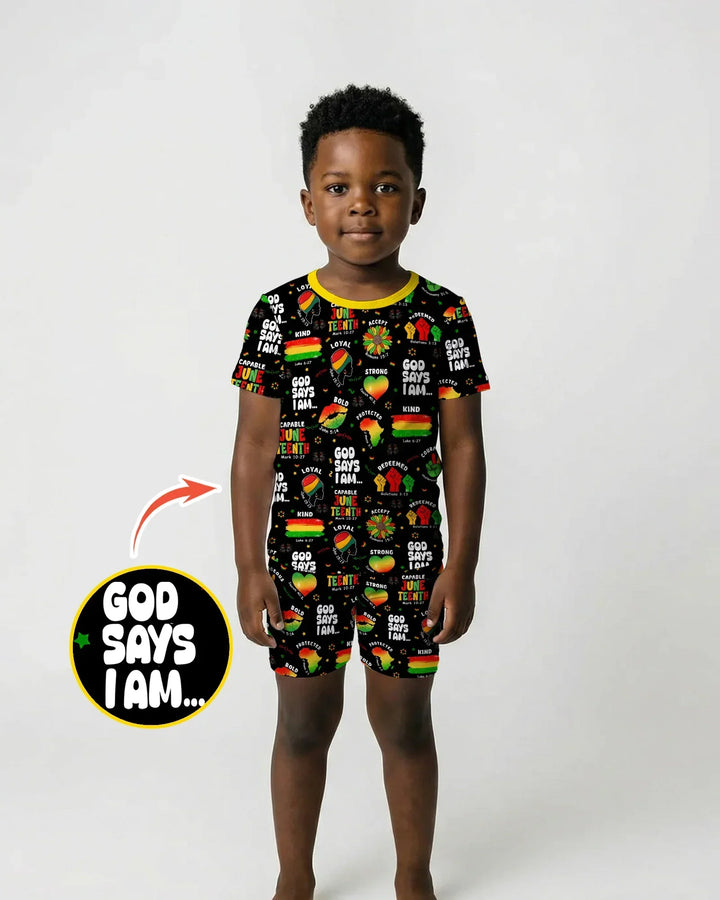 God Says I Am Juneteenth Blessings Bamboo Two Piece Short Sleeve Shorts Pajama Set