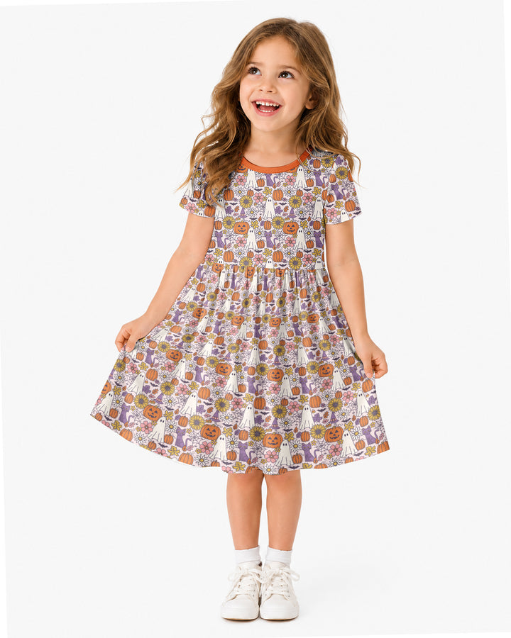Ghost Pumpkin Fall Floral Halloween Bamboo Twirl Dress