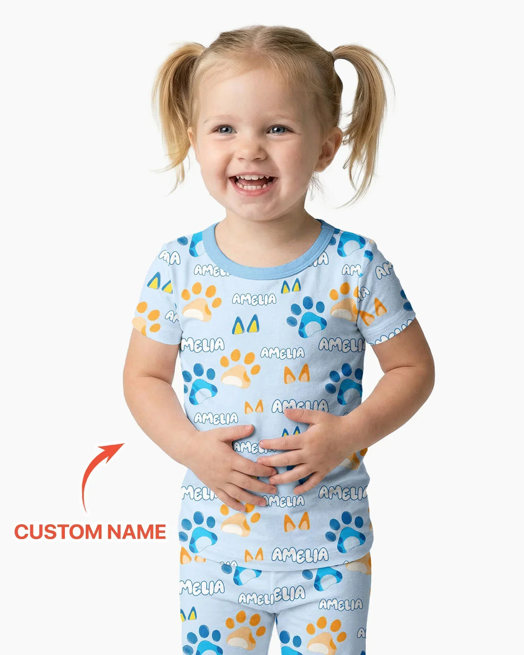 Custom Name Favourite Blue Dog Family Matching Bamboo Two Piece Short Sleeve Pajama Set