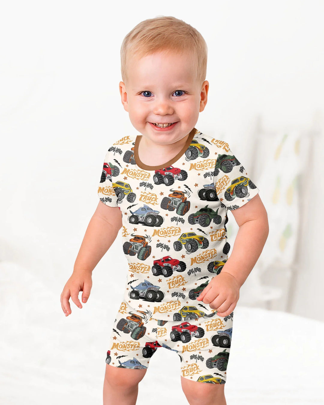 Vroom Vroom Monster Truck Bamboo Two Piece Short Sleeve Shorts Pajama Set