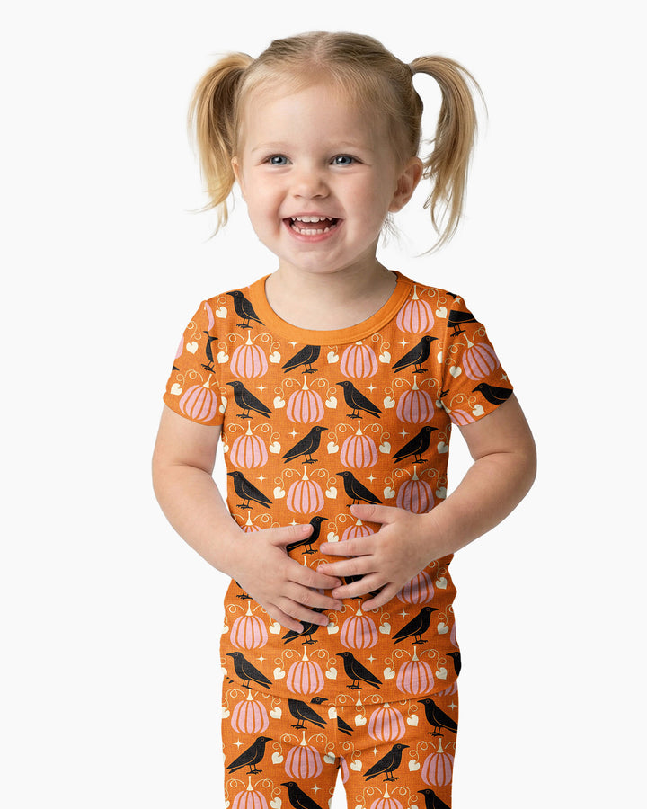 Ravens in a Pumpkin Patch - Orange Pink Bamboo Two Piece Short Sleeve Pajama Set