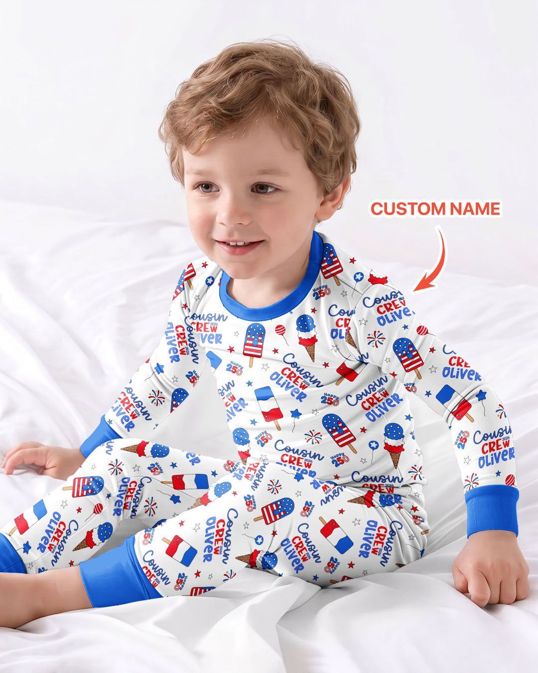 Custom Name 4th of July Cousin Crew Bamboo Two Piece Long Sleeve Pajama Set