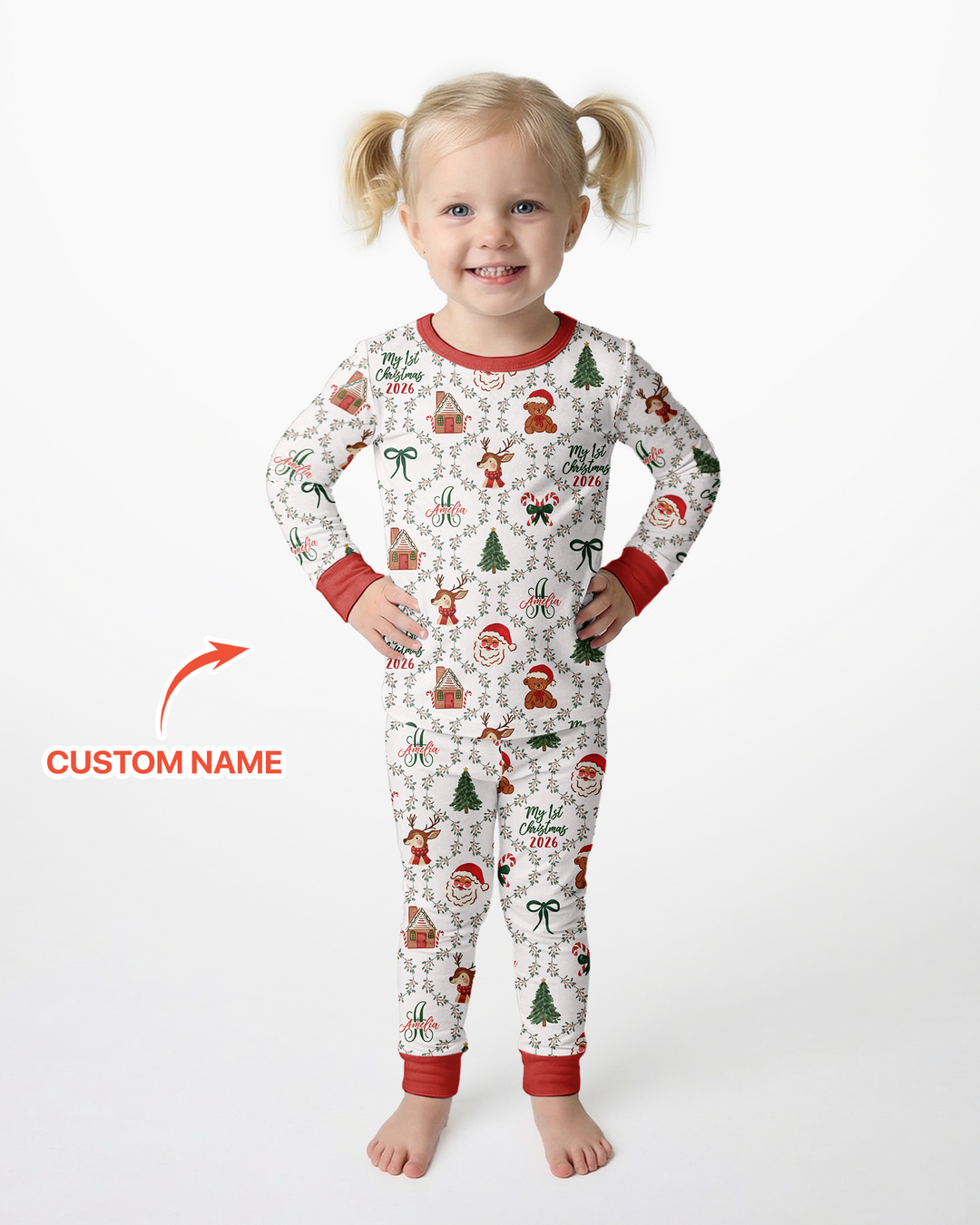 Custom name "Fancy Monogram Red Christmas 2026" Bamboo Two Piece Long Sleeve Pajama Set