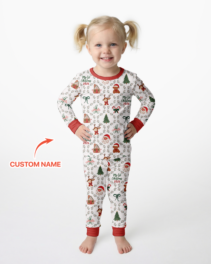 Custom name "Fancy Monogram Red Christmas 2026" Bamboo Two Piece Long Sleeve Pajama Set
