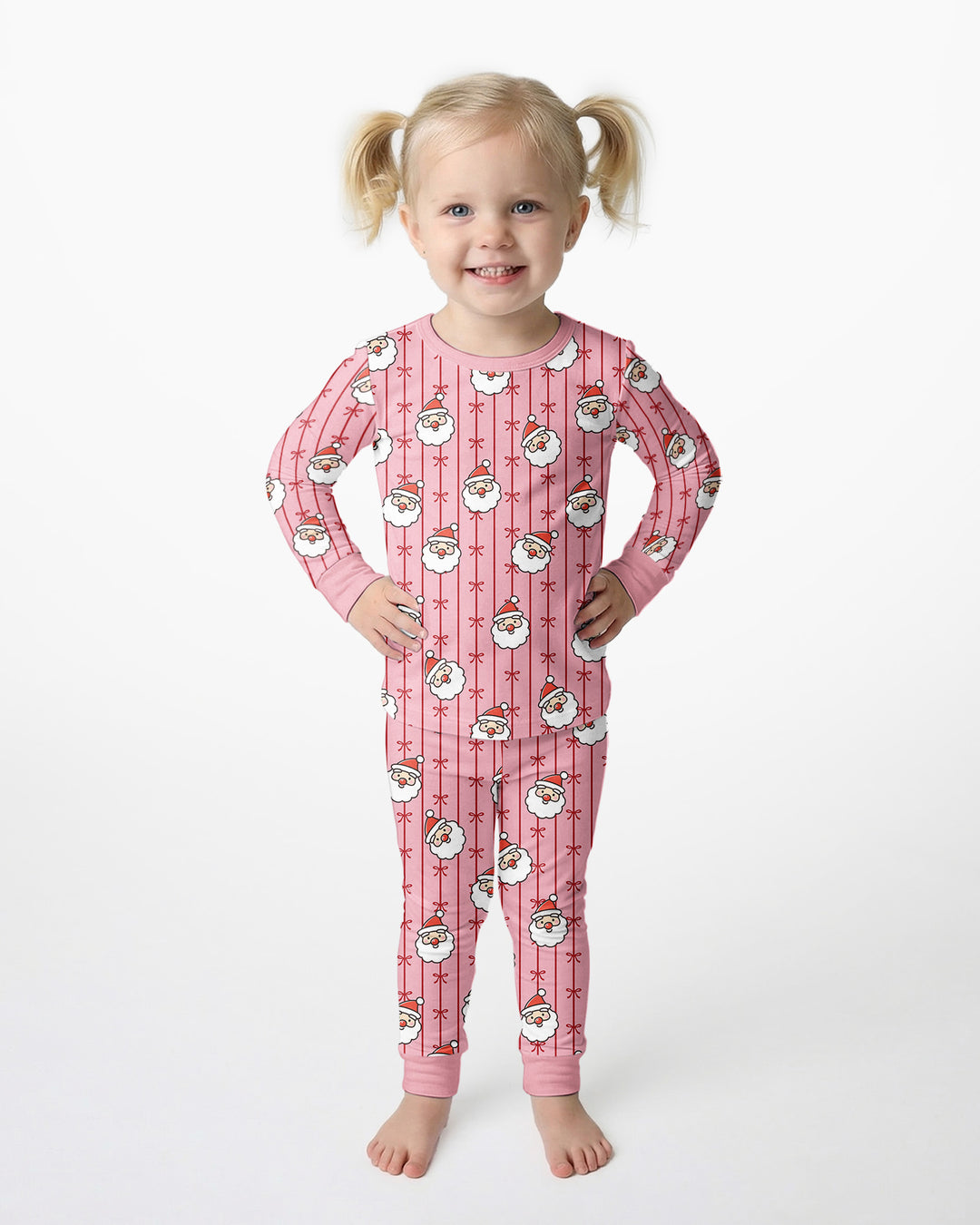 Pink Santa Bow Stripe Christmas Bamboo Two Piece Long Sleeve Pajama Set
