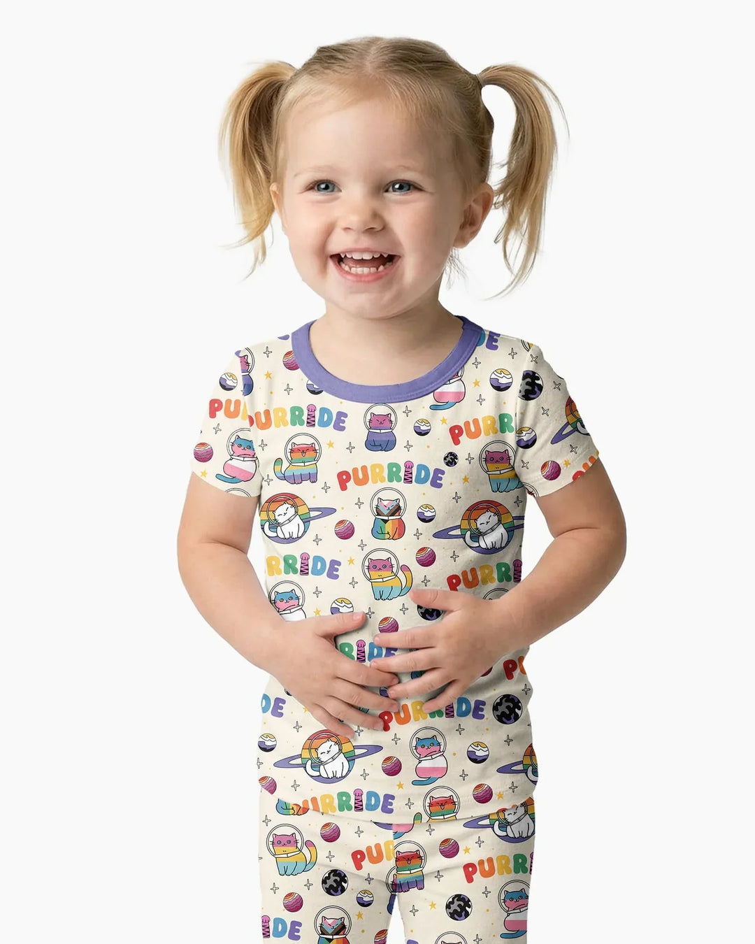 Rainbow Space Cats Family Matching Bamboo Two Piece Short Sleeve Pajama Set