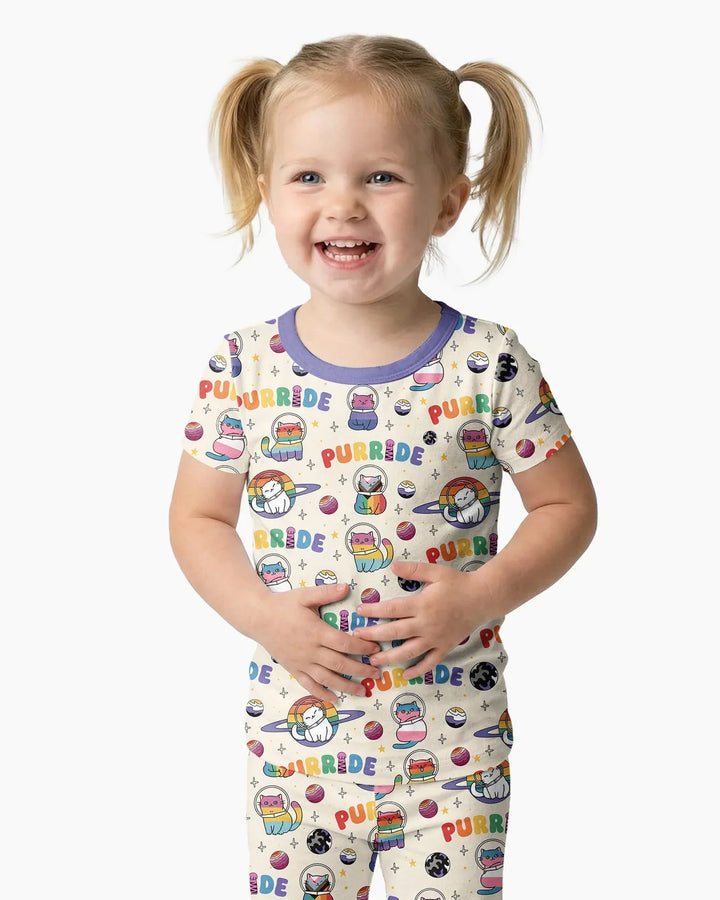 Rainbow Space Cats Family Matching Bamboo Two Piece Short Sleeve Pajama Set