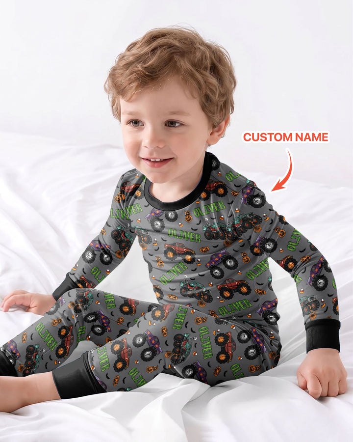 Custom Name Haunted Monster Trucks  Bamboo Two Piece Long Sleeve Pajama Set