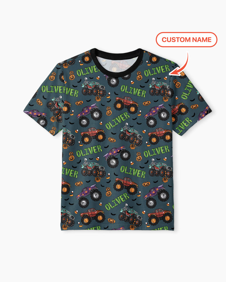 Custom Name Haunted Monster Trucks  Bamboo Men Short Sleeve Short Pajama Set