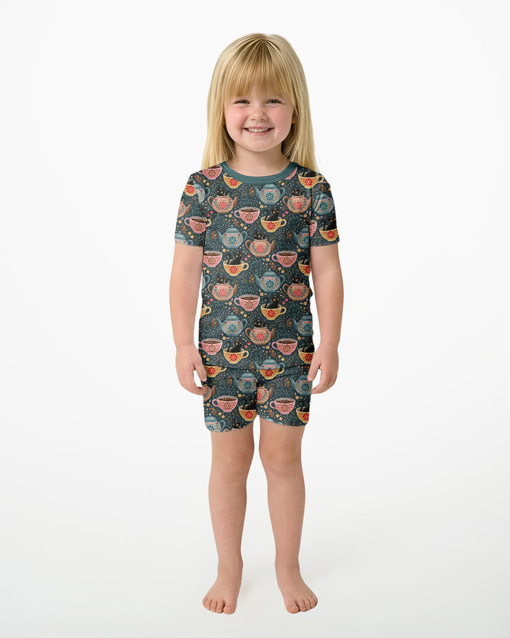 Folk Floral Black Cat Tea Party Bamboo Two Piece Short Sleeve Shorts Pajama Set