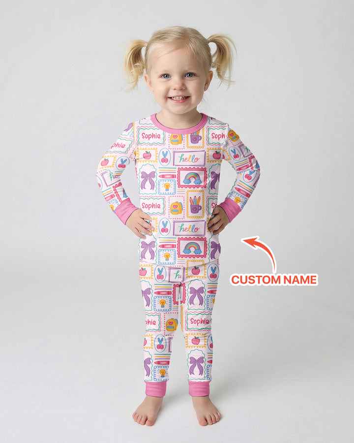 Custom Name Hello School Bamboo Two Piece Long Sleeve Pajama Set