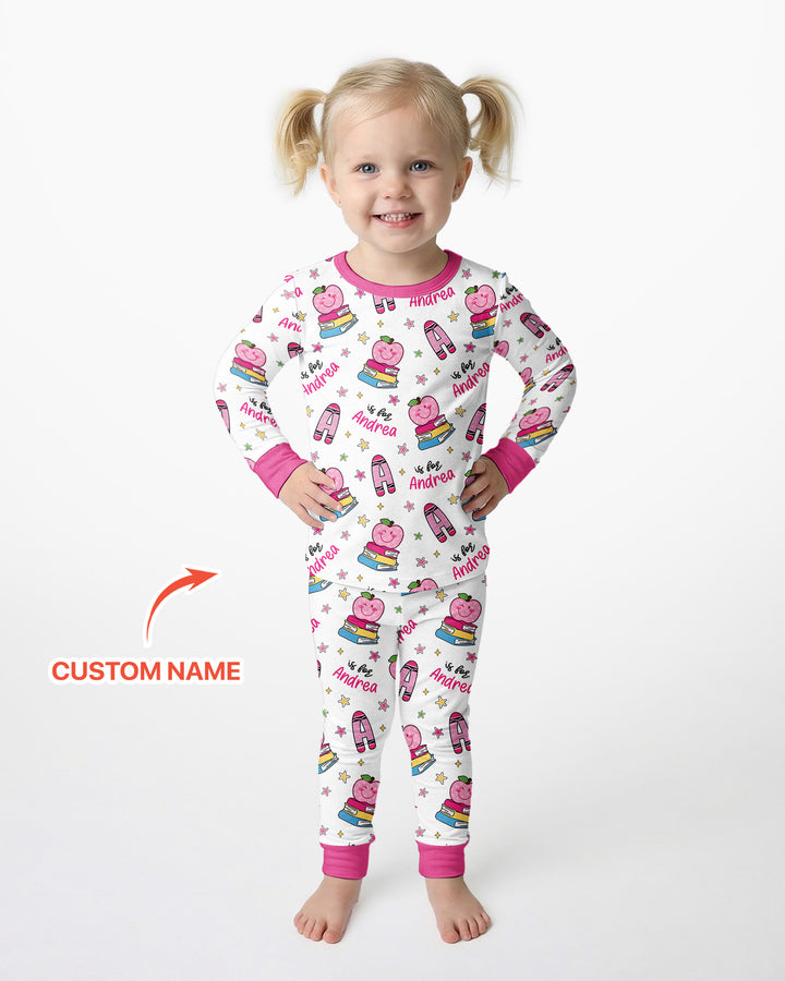 Custom Name Crayon Alphabet Bamboo Two Piece Long Sleeve Pajama Set