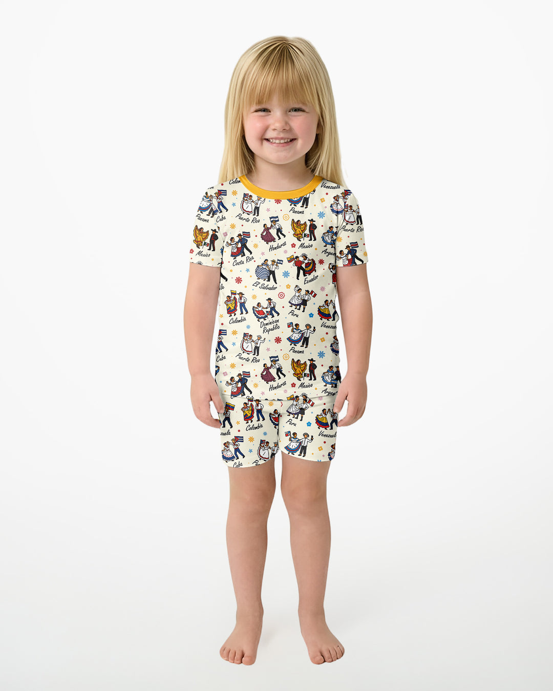 Hispanic Traditional Folkloric Dress Bamboo Two Piece Short Sleeve Shorts Pajama Set