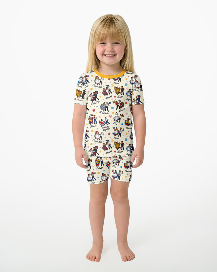 Hispanic Traditional Folkloric Dress Bamboo Two Piece Short Sleeve Shorts Pajama Set