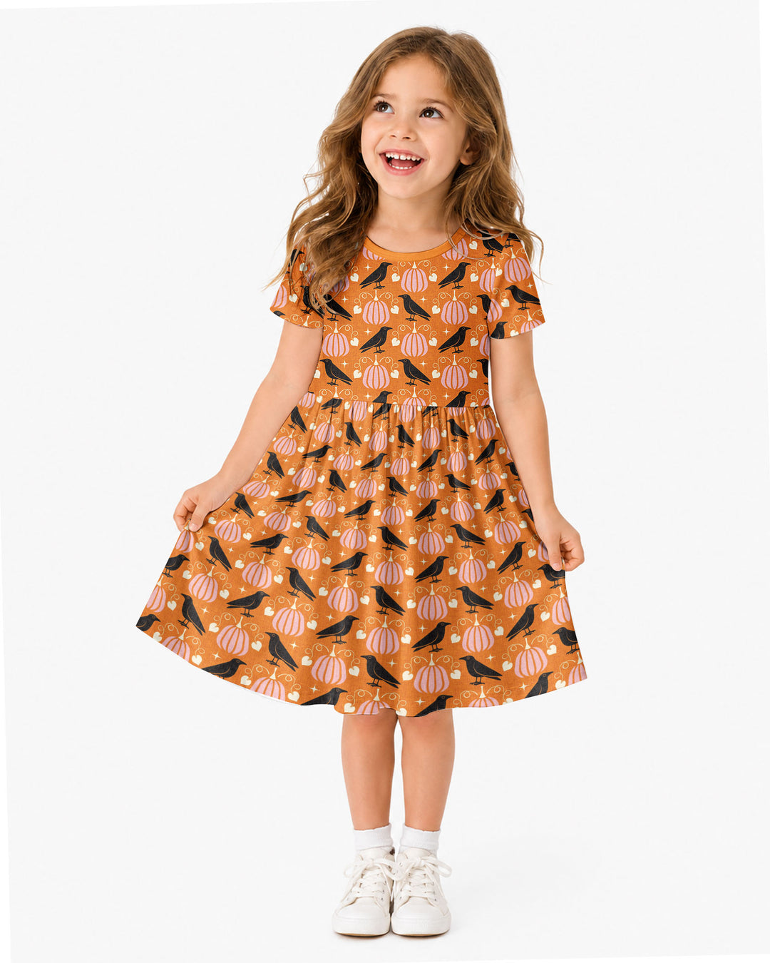 Ravens in a Pumpkin Patch - Orange Pink Bamboo Twirl Dress