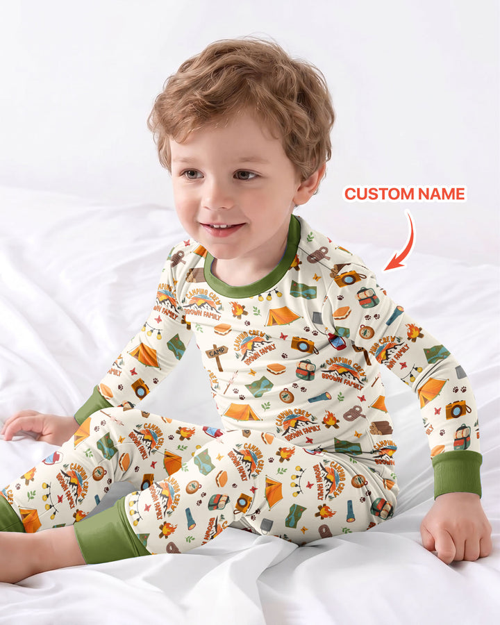 Custom Name Camping Crew Family Matching Bamboo Two Piece Long Sleeve Pajama Set