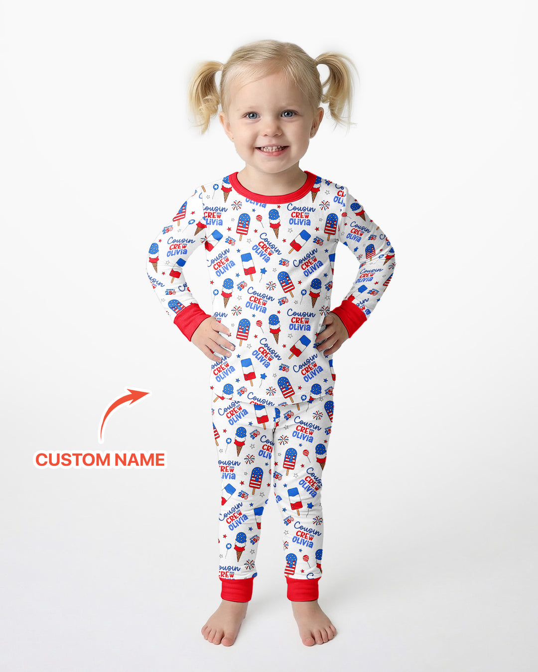 Custom Name 4th of July Cousin Crew Bamboo Two Piece Long Sleeve Pajama Set
