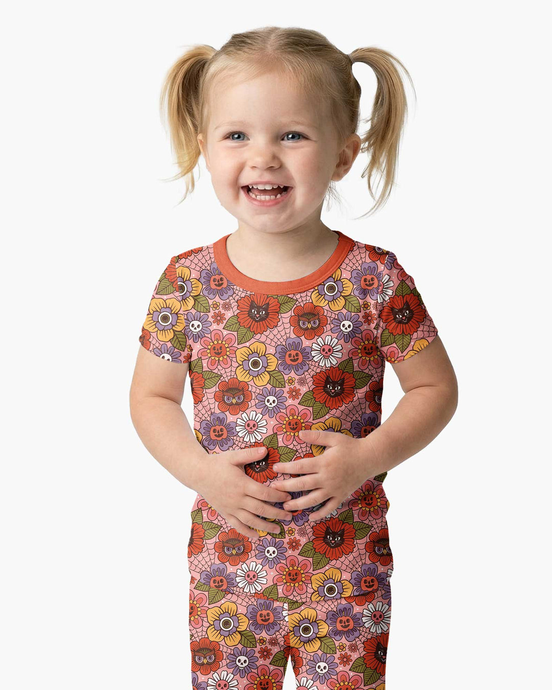 70s Halloween Floral Bamboo Two Piece Short Sleeve Pajama Set