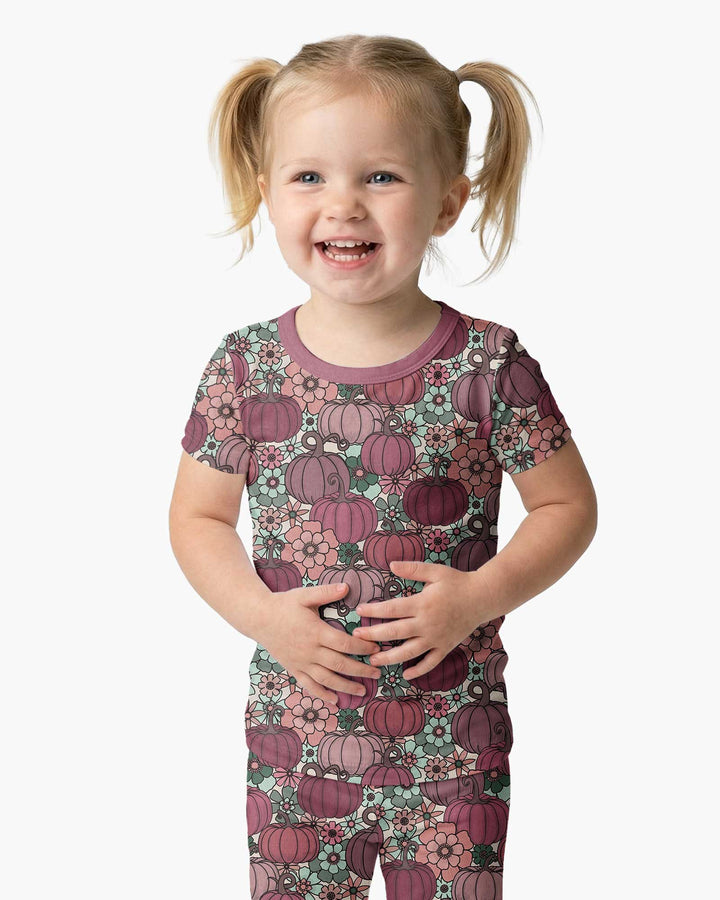 Retro Floral Pumpkin Patch Bamboo Two Piece Short Sleeve Pajama Set
