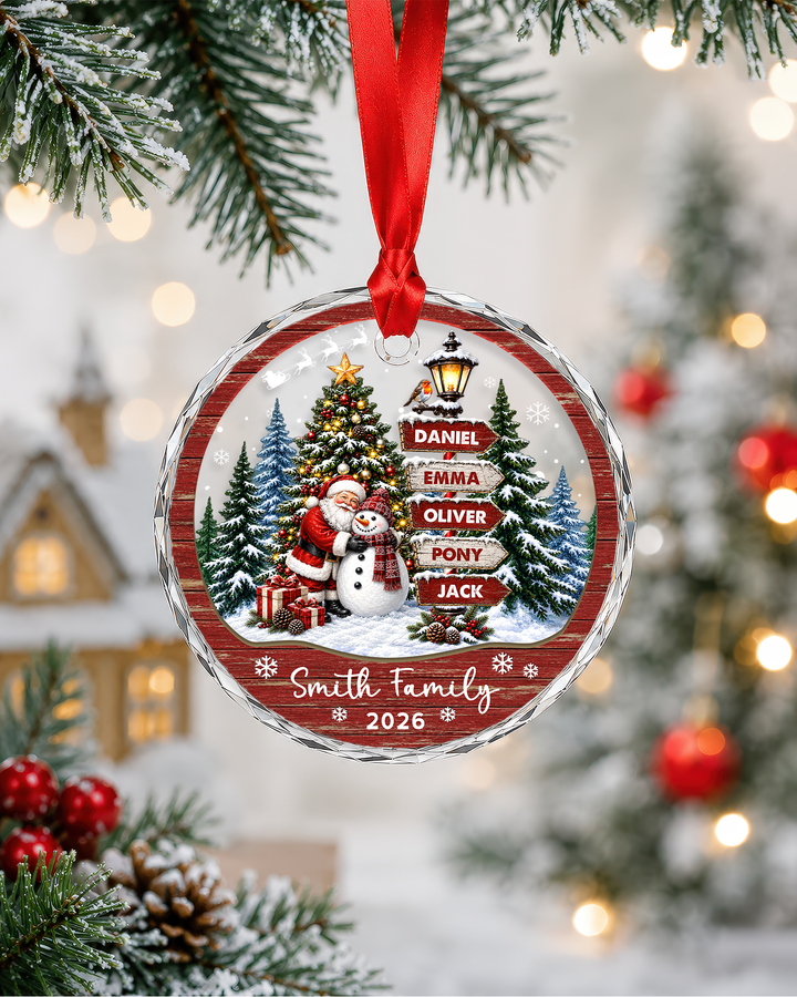Vintage Christmas Family Signpost - Personalized Glass Ornament
