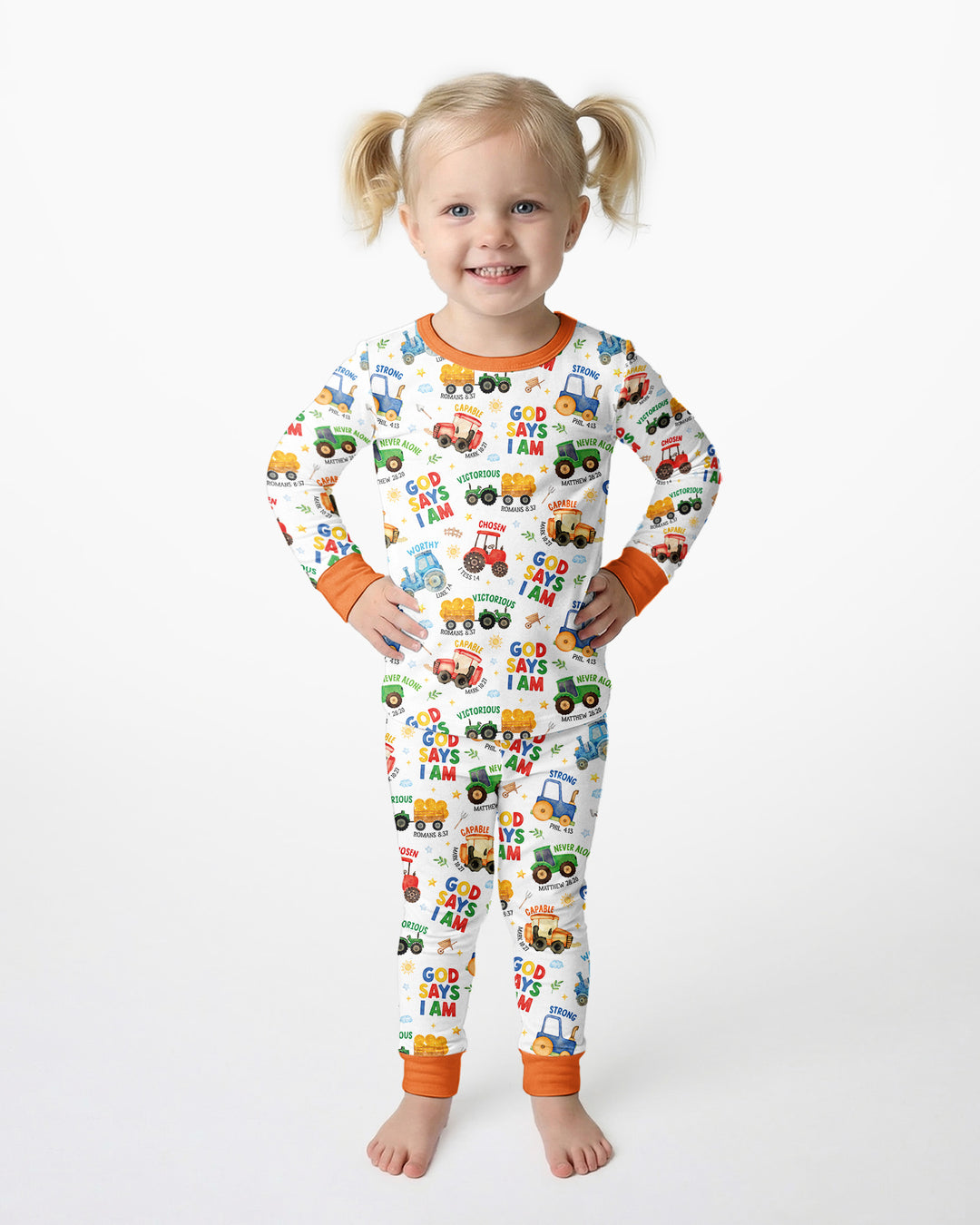 Farm Vehicles God Says I am Bamboo Two Piece Long Sleeve Pajama Set