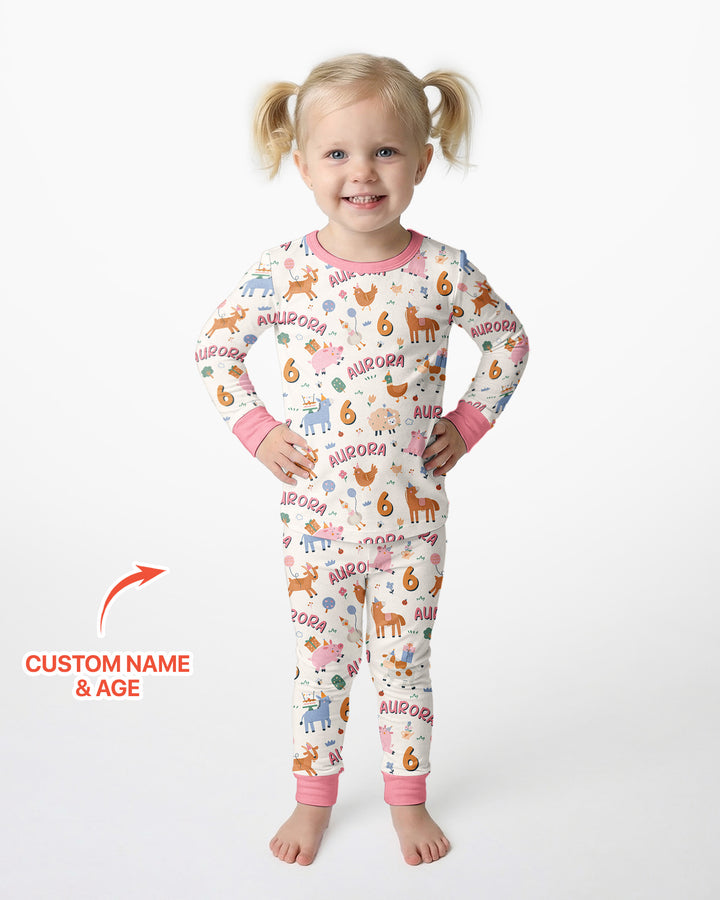 Personalized Farm Animals Birthday Bamboo Two Piece Long Sleeve Pajama Set