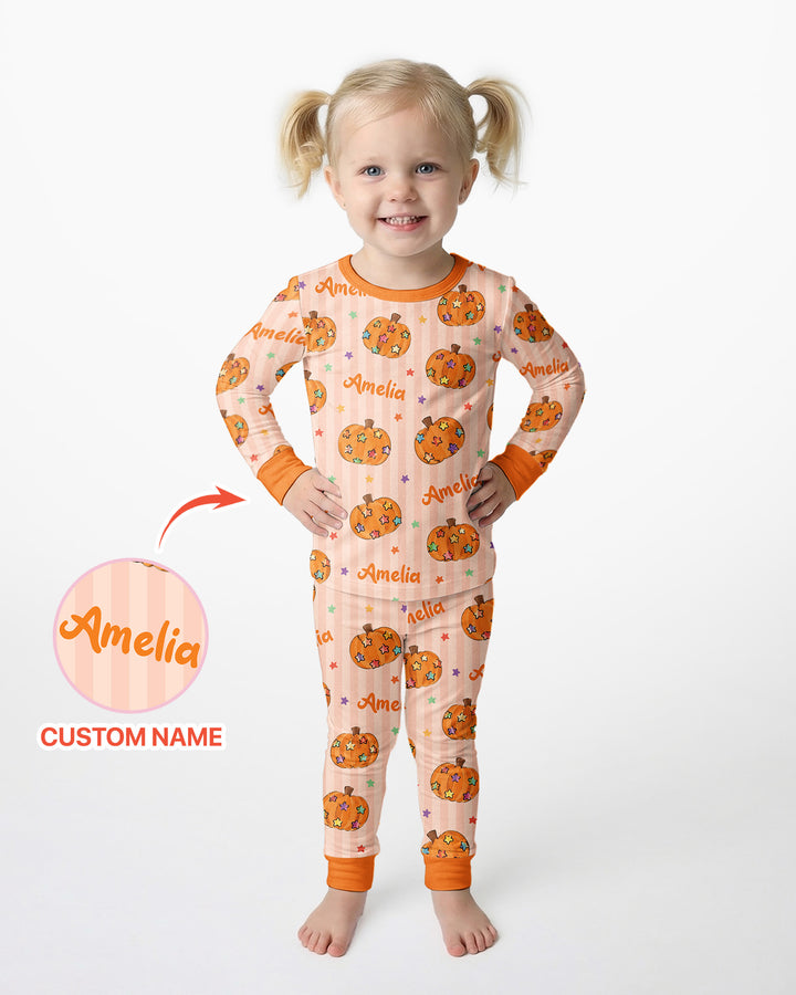 Colorful Star Pumpkin Custom Name Bamboo Two Piece Long Sleeve Pajama Set