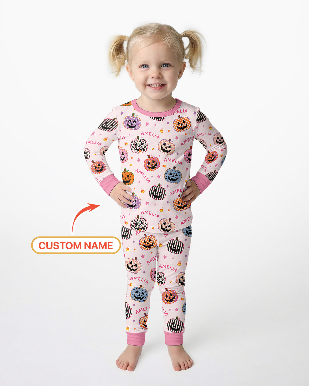 Custom Name Colorful Jack O Lantern Bamboo Two Piece Long Sleeve Pajama Set