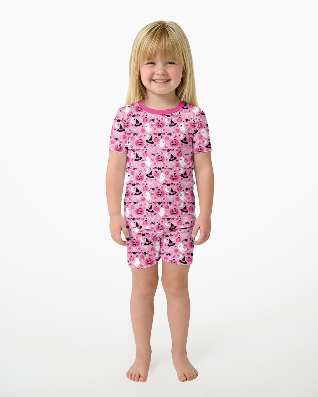 Cute Pink Halloween Ghost Pumpkin Witch Bamboo Two Piece Short Sleeve Shorts Pajama Set