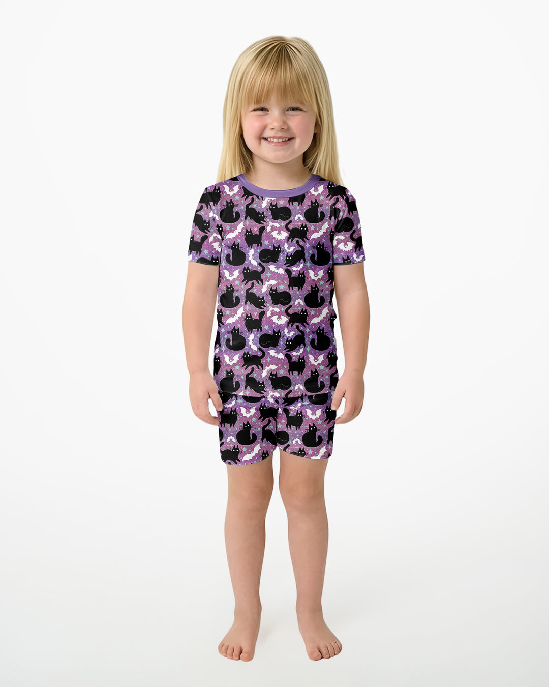Spooky Black Cat Halloween Purple Bats Bamboo Two Piece Short Sleeve Shorts Pajama Set
