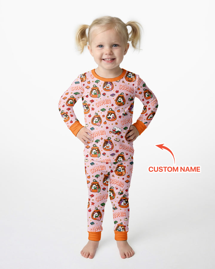 Bookish Ghost Halloween Custom Name Bamboo Two Piece Long Sleeve Pajama Set