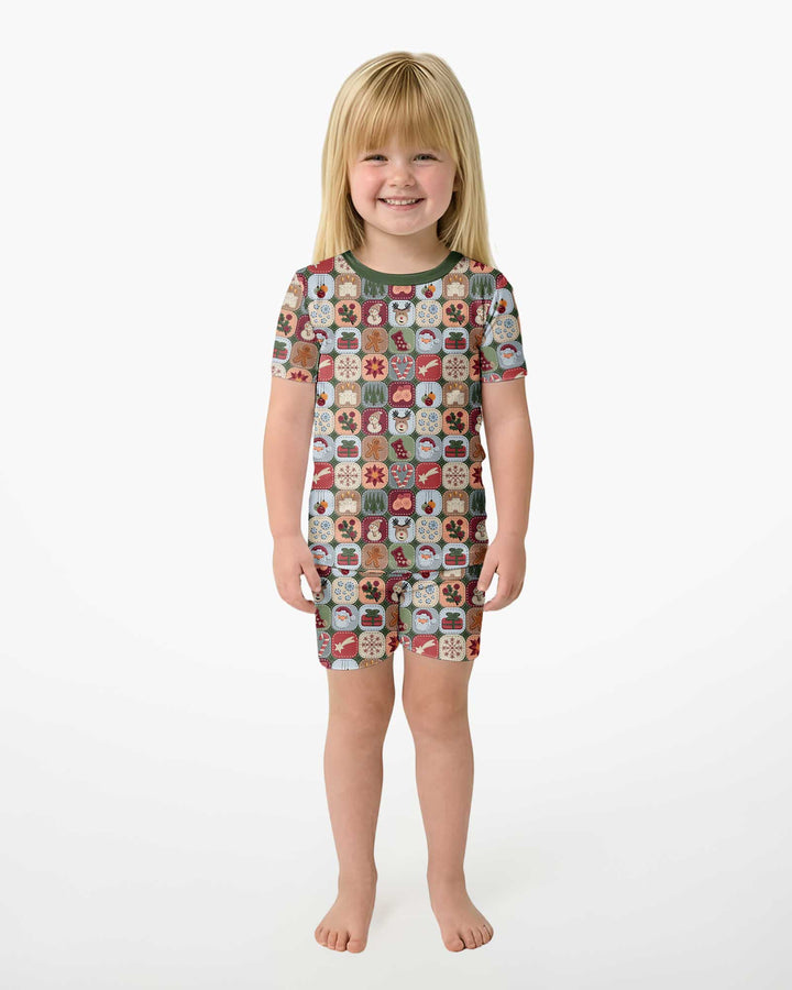 Christmas Felt Patchwork Bamboo Two Piece Short Sleeve Shorts Pajama Set