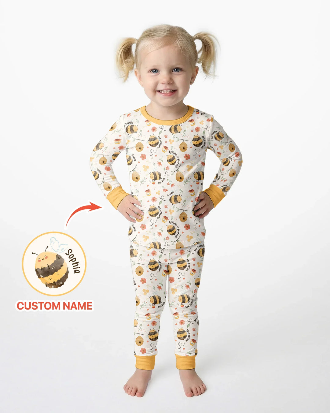 Bee Kind Custom Name Bamboo Two Piece Long Sleeve Pajama Set