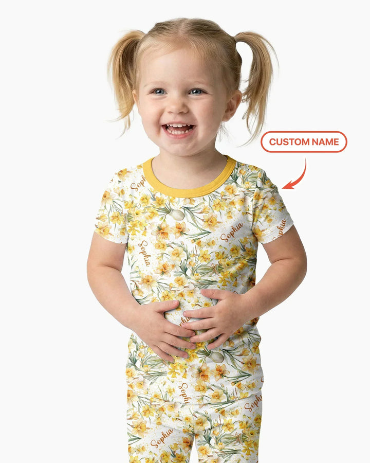 Custom Name Birth Month Flowers Bamboo Two Piece Short Sleeve Pajama Set