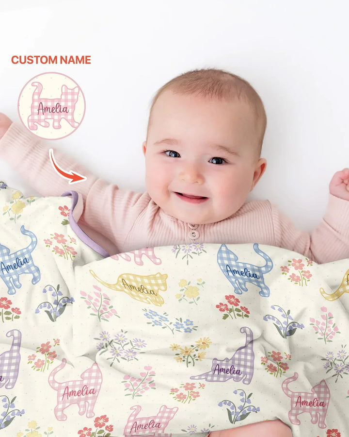 Gingham Cats Custom Name Bamboo Blanket