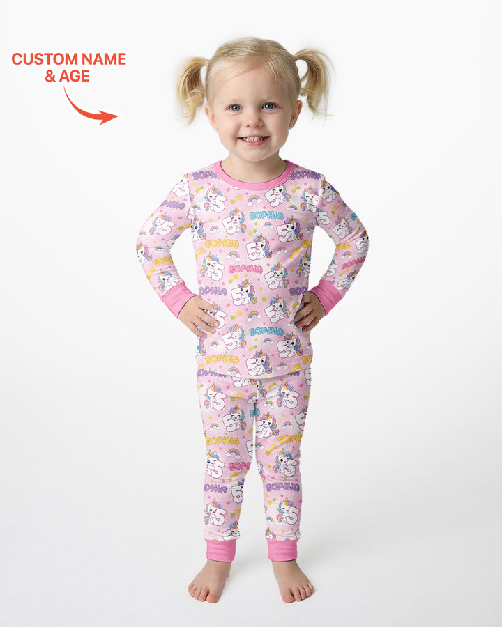 Custom Name Kawaii Unicorn Birthday Bamboo Two Piece Long Sleeve Pajama Set