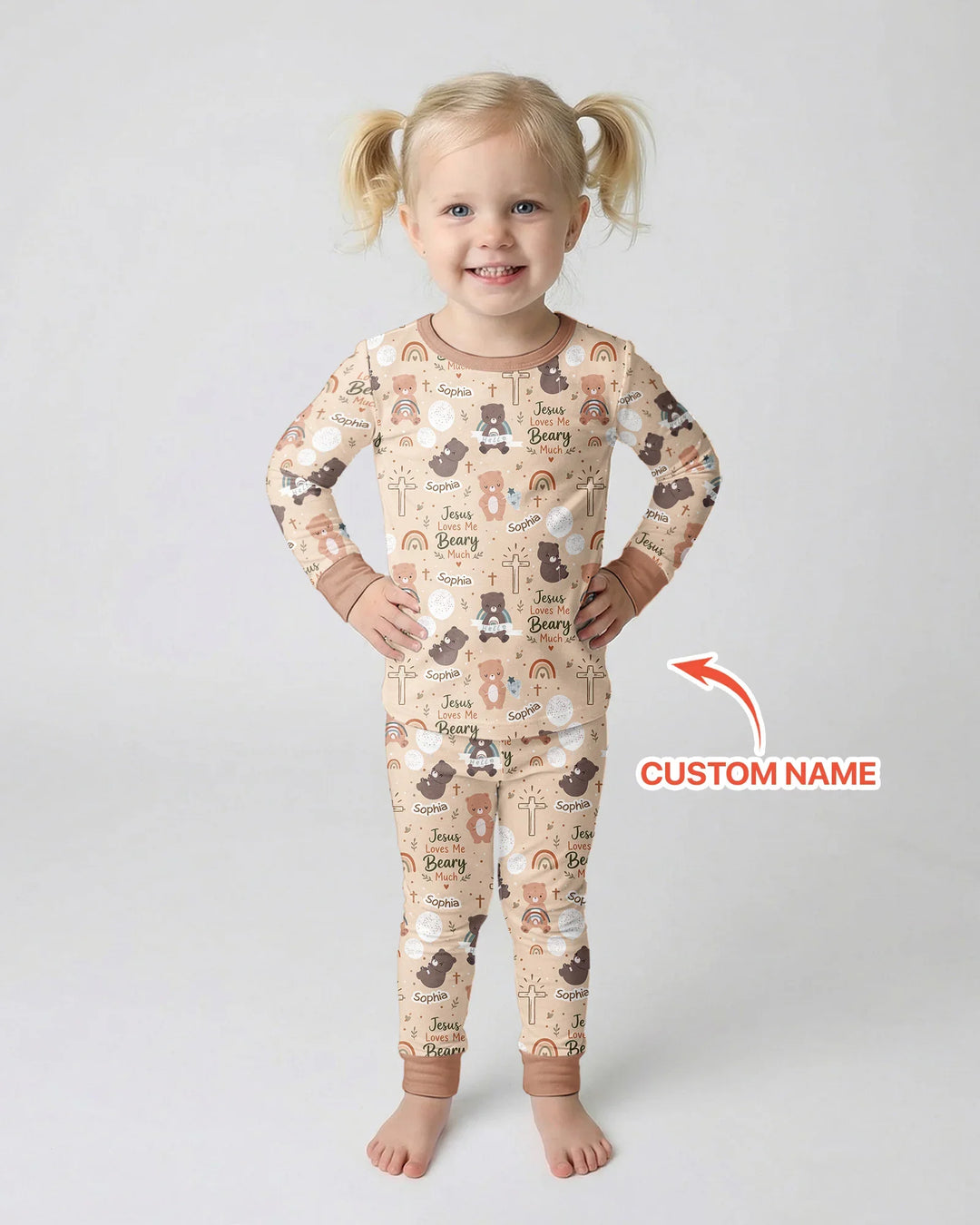 Custom Name Jesus Loves Me Beary Much Bamboo Two Piece Long Sleeve Pajama Set