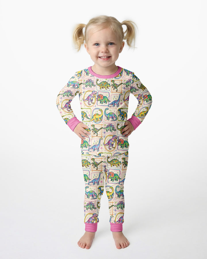 Colorful Dino Sketchbook Bamboo Two Piece Long Sleeve Pajama Set