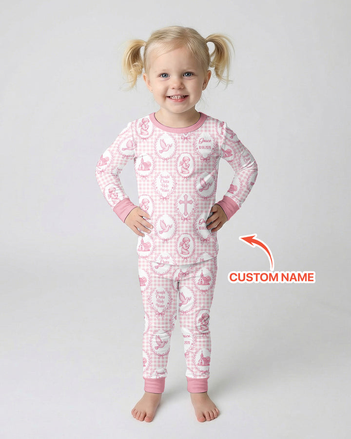 Custom Name Baptism Straight Outta Holy Water Bamboo Two Piece Long Sleeve Pajama Set