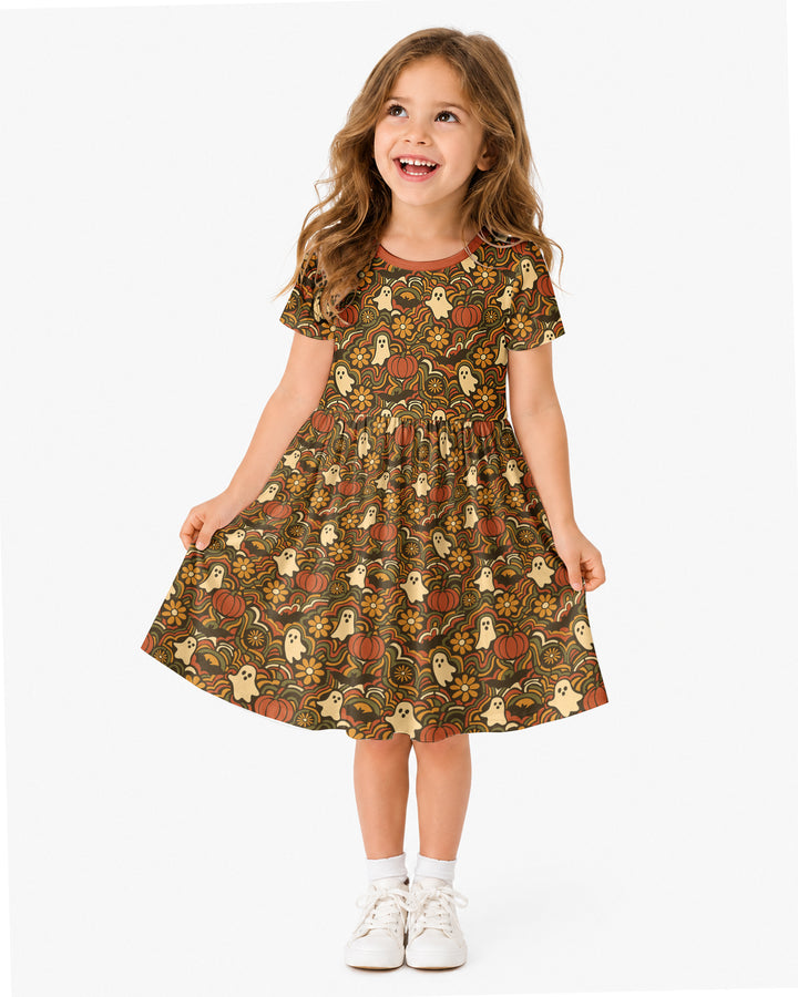 Retro Halloween Ghost Pumpkin Floral Bamboo Twirl Dress