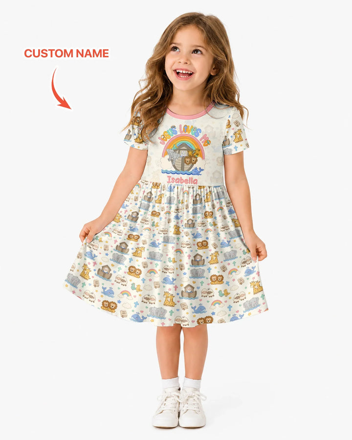 Custom Name Noah's Ark Jesus Loves Me Bamboo Twirl Dress