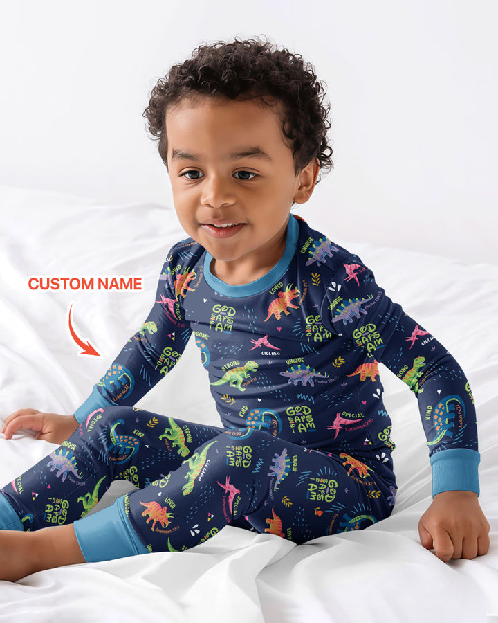 Custom Name God says I am Dinosaur Bamboo Two Piece Long Sleeve Pyjamas Set