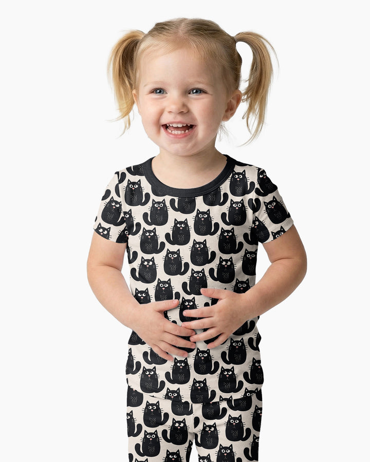Moody Black Cats in Black and White Bamboo Two Piece Short Sleeve Pajama Set
