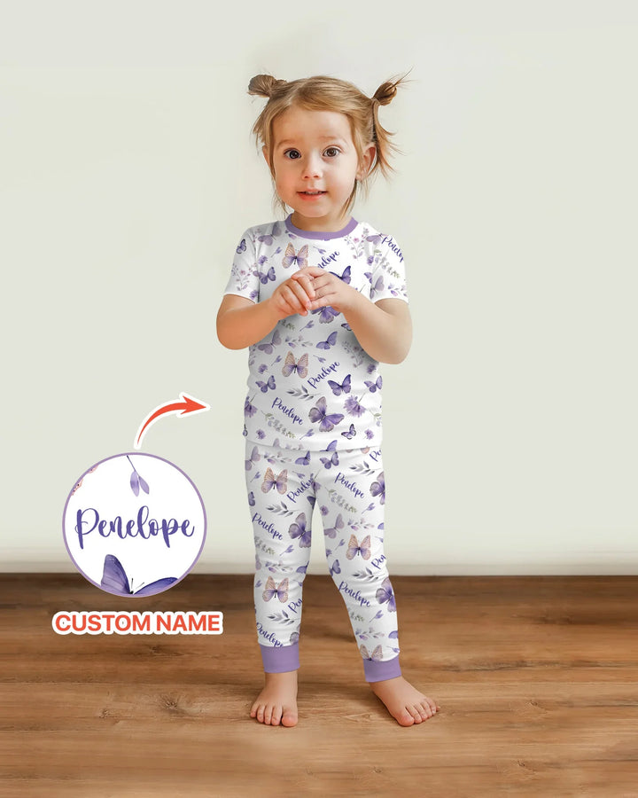 Custom Name Lilac Bloom Bamboo Two Piece Short Sleeve Pajama Set