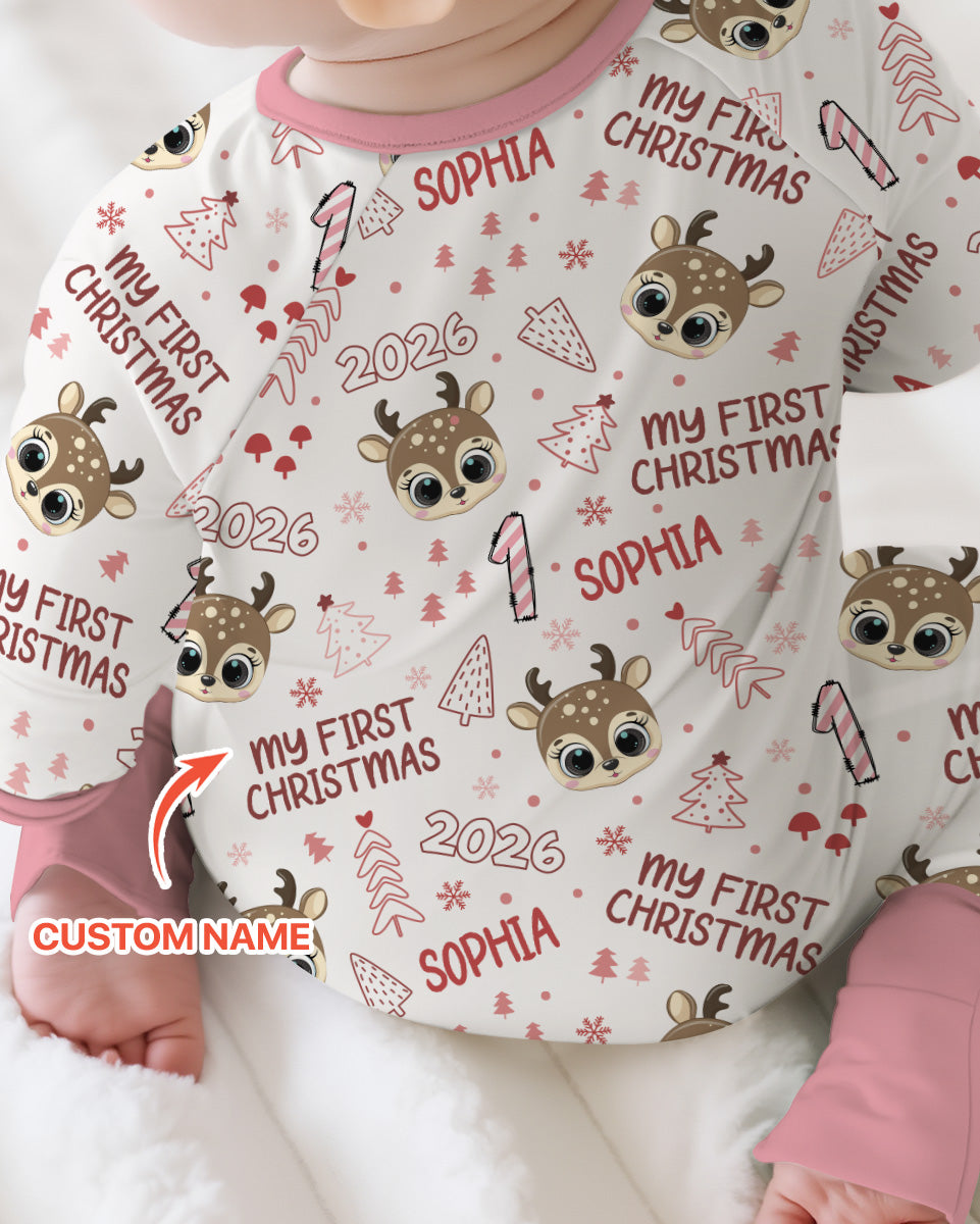 Custom Name Cute Reindeer My First Christmas Bamboo Convertible Zippy