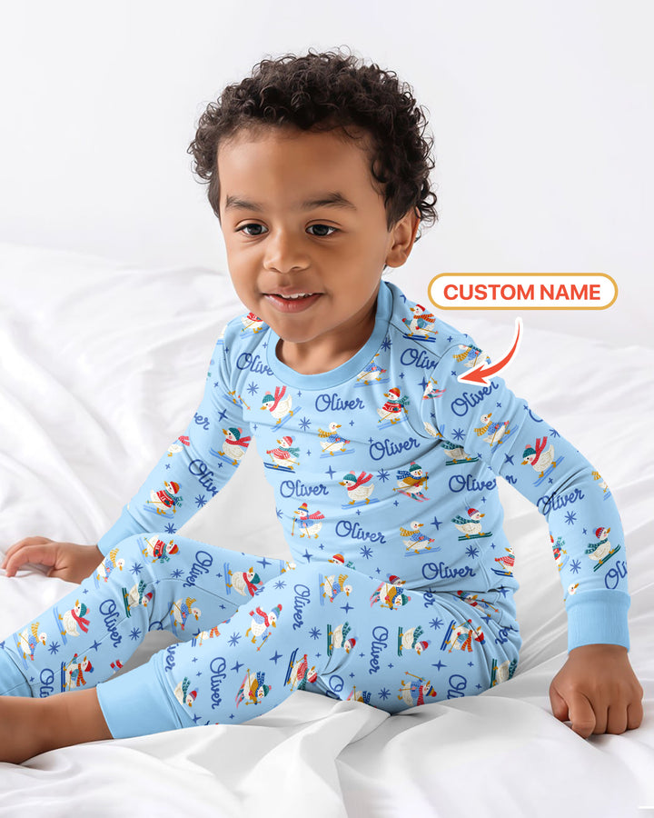 Custom Name Skiing Goose Bamboo Two Piece Long Sleeve Pajama Set