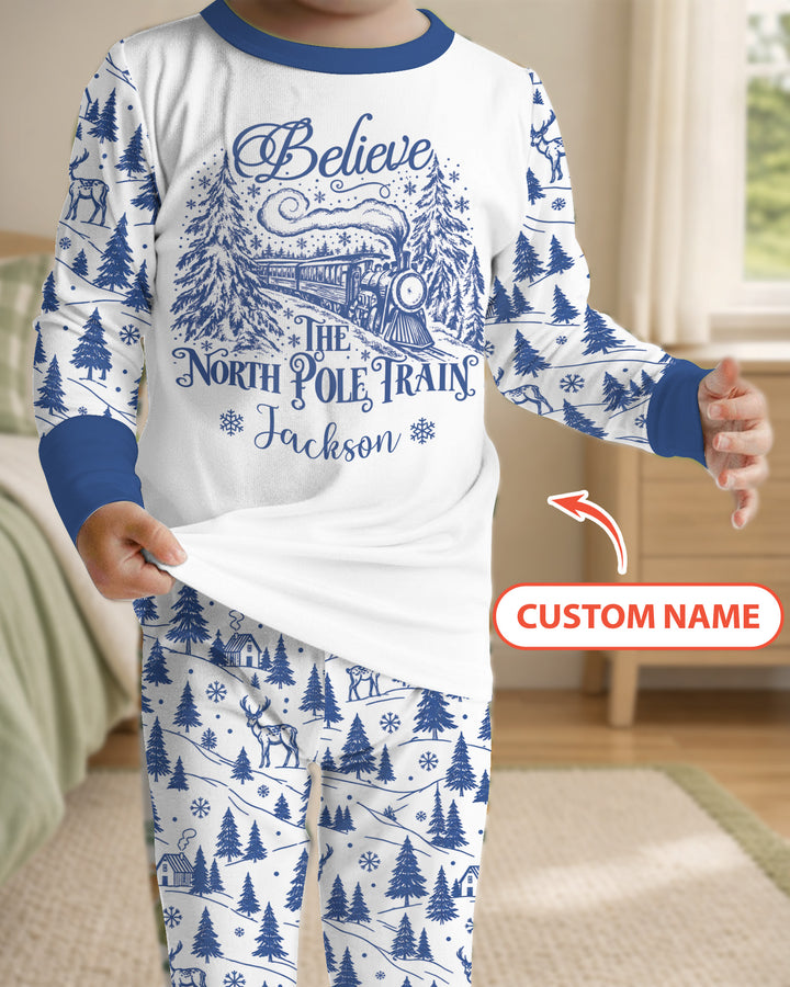 Custom Name North Pole Train Bamboo Two Piece Long Sleeve Pajama Set