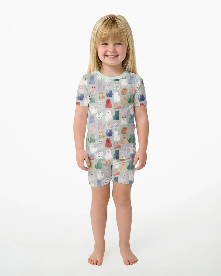 Enchanted Happy Kitty Family Matching Bamboo Two Piece Short Sleeve Shorts Pajama Set