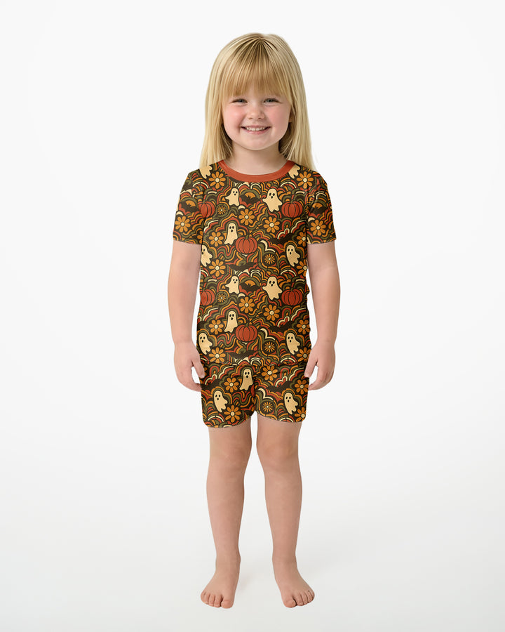 Retro Halloween Ghost Pumpkin Floral Bamboo Two Piece Short Sleeve Shorts Pajama Set